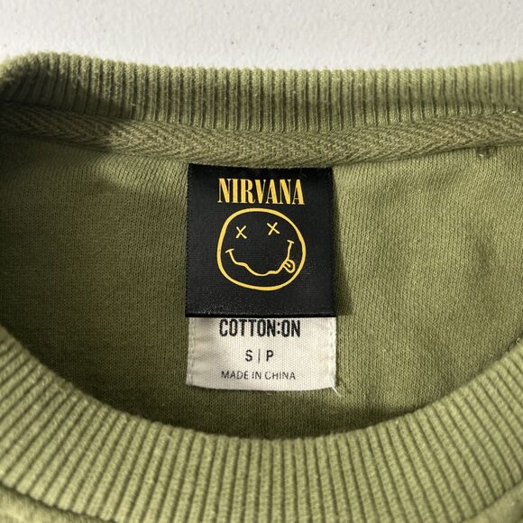 Nirvana Sweatshirt Womens S‎ Petite Green Crew Neck Graphic Smile Overdyed Y2K - Picture 5 of 8